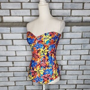 J. Crew Women's Striped Floral Multicolor Strapless One Piece Swimsuit Size 2